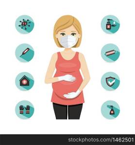 Pregnant woman protection icons against illness. Pregnancy and maternity. Isolated vector illustration