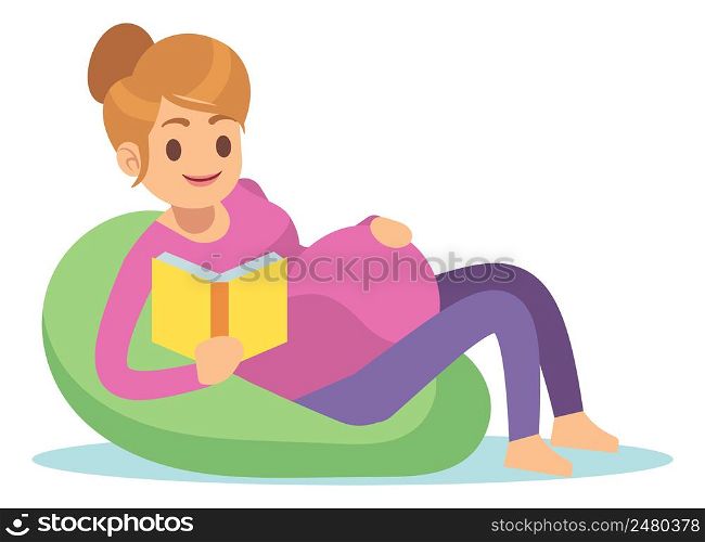Pregnant woman reading book on couch. Leisure time isolated on white background. Pregnant woman reading book on couch. Leisure time