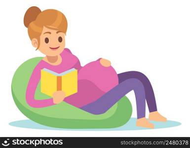 Pregnant woman reading book on couch. Leisure time isolated on white background. Pregnant woman reading book on couch. Leisure time