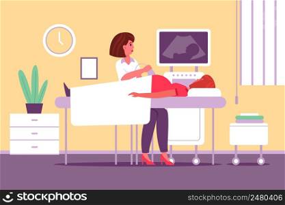 Pregnant woman screening. Doctor does expectant mother ultrasound, medical examination, female character, maternity clinic, consultation with gynecologist hospital interior vector cartoon flat concept. Pregnant woman screening. Doctor does expectant mother ultrasound, medical examination, female character, maternity clinic, consultation with gynecologist hospital interior, vector concept