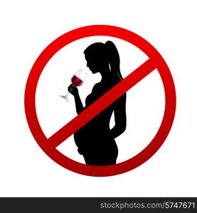 Pregnant woman silhouette drinking wine from glass in stop symbol vector illustration