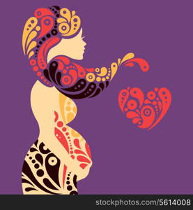 Pregnant woman silhouette with abstract decorative flowers and heart symbol