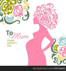 Pregnant woman silhouette with floral background. Card of Happy Mother&rsquo;s Day