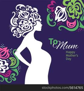 Pregnant woman silhouette with floral background. Card of Happy Mother&rsquo;s Day&#xA;&#xA;