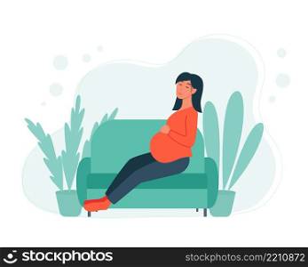 Pregnant woman sits on sofa and rests. Adult girl lies on an ottoman. Calm woman with big belly relaxing at home vector illustration. Pregnant woman sits on sofa and rests