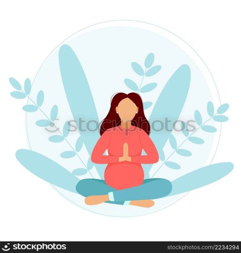 Pregnant woman sitting composition. Young beautiful girl yoga lotus pose. Adult lady is resting in anticipation of birth baby. Calm pregnancy vector illustration
