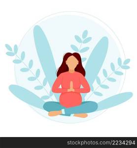 Pregnant woman sitting composition. Young beautiful girl yoga lotus pose. Adult lady is resting in anticipation of birth baby. Calm pregnancy vector illustration