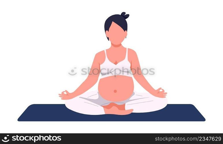 Pregnant woman sitting in yoga pose semi flat color vector character. Full body person on white. Healthy pregnancy simple cartoon style illustration for web graphic design and animation. Pregnant woman sitting in yoga pose semi flat color vector character
