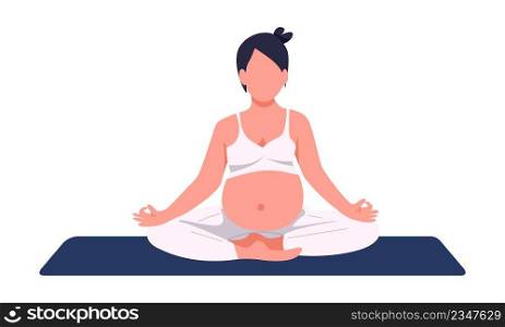 Pregnant woman sitting in yoga pose semi flat color vector character. Full body person on white. Healthy pregnancy simple cartoon style illustration for web graphic design and animation. Pregnant woman sitting in yoga pose semi flat color vector character
