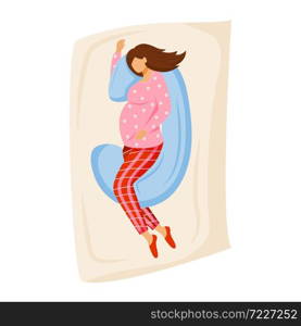 Pregnant woman sleeping flat vector illustration. Young mother waiting of baby. Maternity preparation. Lady sleeping on pregnancy pillow on bed cartoon character on white background. Pregnant woman sleeping flat vector illustration