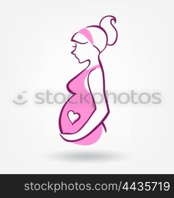 Pregnant Woman Sticker. Pregnant Woman silhouette with Heart Sticker on a white background vector illustration