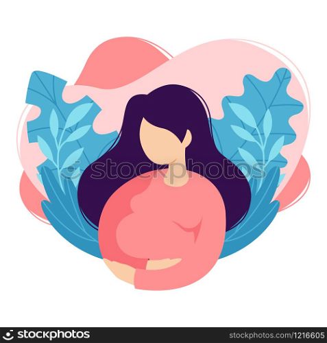 Pregnant woman touches belly. Lady expecting child strokes her belly. Future mother. Cartoon design, health, care, maternity parenting. Vector illustration on white background in trendy flat style.