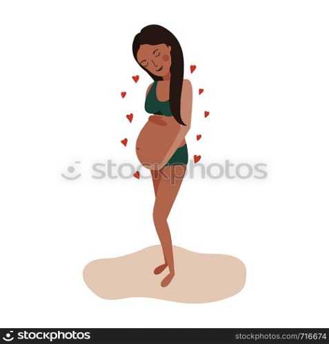 Pregnant woman touching her belly. Vector illustration.