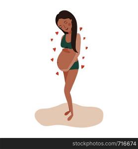 Pregnant woman touching her belly. Vector illustration.