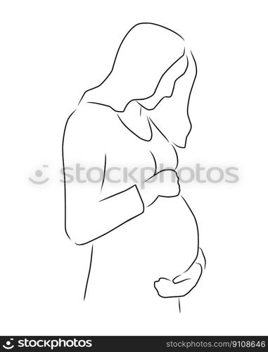 Pregnant woman, vector. Hand drawn sketch. A pregnant woman hugs her belly.