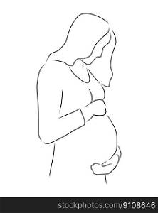 Pregnant woman, vector. Hand drawn sketch. A pregnant woman hugs her belly.