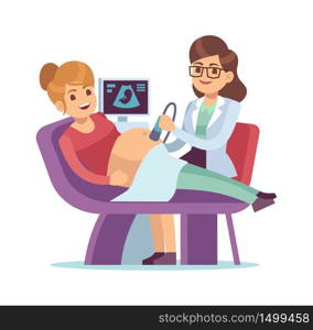 Pregnant woman visiting doctor. Ultrasound scan pregnancy person in hospital, vector care people and motherhood concept. Pregnant woman visiting doctor. Ultrasound scan pregnancy person in hospital, vector care people concept