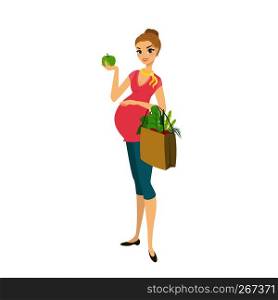 Pregnant woman with apple and shopping bag with vegetables,isolated on white background,cartoon vector illustration. Pregnant woman with apple and shopping bag with vegetables