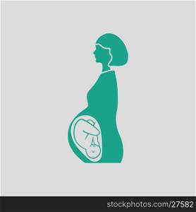 Pregnant woman with baby icon. Gray background with green. Vector illustration.