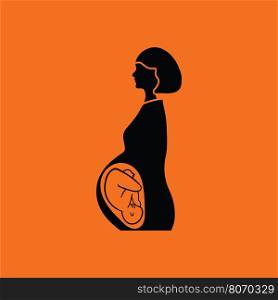 Pregnant woman with baby icon. Orange background with black. Vector illustration.