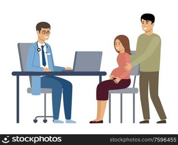 Pregnant woman with her husband at a doctor&rsquo;s consultation. Vector flat illustration.