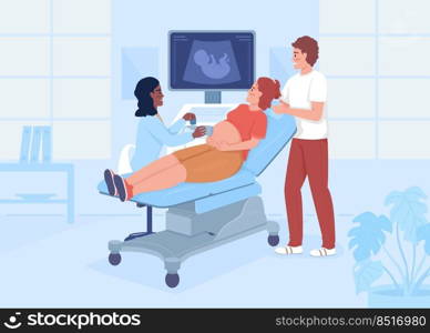 Pregnant woman with husband at sonogram scanning flat color vector illustration. Examination. Prenatal sonogram. Fully editable 2D simple cartoon characters with clinic on background. Pregnant woman with husband at sonogram scanning flat color vector illustration