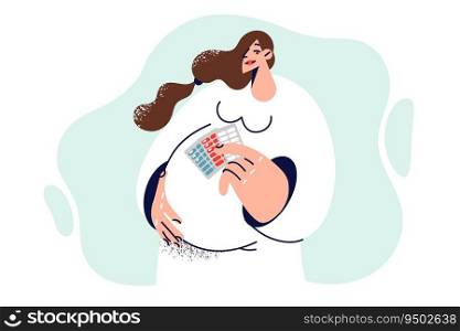 Pregnant woman with pills to support immunity in perinatal period calls for attention to health of mothers. Pregnant woman recommends purchasing vitamins to avoid complications after giving birth. Pregnant woman with pills to support immunity in perinatal period calls for attention to health