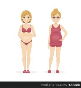 Pregnant woman with underwear and summer clothes. Isolated vector illustration