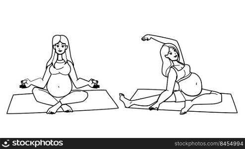 pregnant woman yoga vector. pregnancy exercise, prenatal sport, mother and baby, home fitness, health pilates maternity pregnant woman yoga. people black line pencil drawing vector illustration. pregnant woman yoga vector