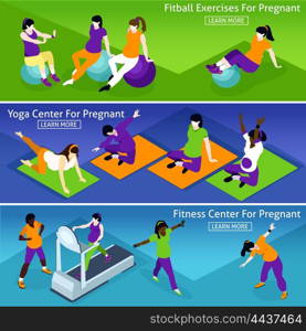 Pregnant Women Fitness Banners Set. Pregnant Women Fitness Isometric Concept. Pregnant Women Fitness Horizontal Banners. Fitness Center For Pregnant Vector Illustration. Pregnant Women Fitness Isolated Set. Pregnant Women Fitness Design Symbols.