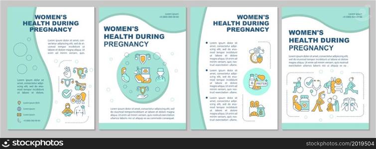 Pregnant women health brochure template. Take prenatal supplements. Flyer, booklet, leaflet print, cover design with linear icons. Vector layouts for presentation, annual reports, advertisement pages. Pregnant women health brochure template