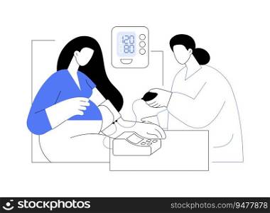 Pregnant women health management abstract concept vector illustration. Physician measures blood pressure of pregnant woman, preventative medicine, prenatal examination abstract metaphor.. Pregnant women health management abstract concept vector illustration.