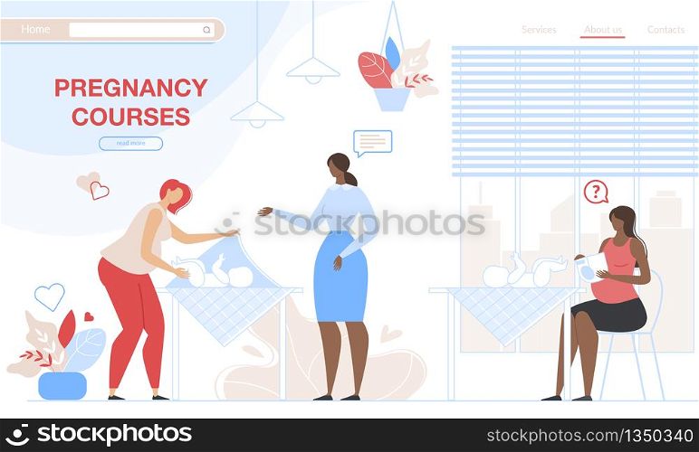 Pregnant Women Learning how to Care of Newborn Baby on Special Pregnancy Courses with Tutor. Girls Practice to Change Diapers to Special Dolls. Cartoon Flat Vector Illustration, Horizontal Banner. Pregnant Women Learning to Care of Newborn Baby