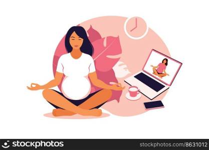 Pregnant women practicing yoga and meditation online. Wellness and healthy lifestyle in pregnancy. Vector illustration. Flat