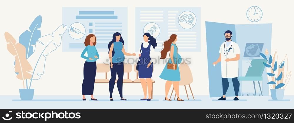 Pregnant Women Queue to Doctor Office. Cartoon Ladies Characters Talking Wait for Turn. Specialist for Pregnancy Maintaining and Healthcare. Hospital Hallway Interior. Vector Flat Illustration. Pregnant Women Queue to Doctor Office Cartoon