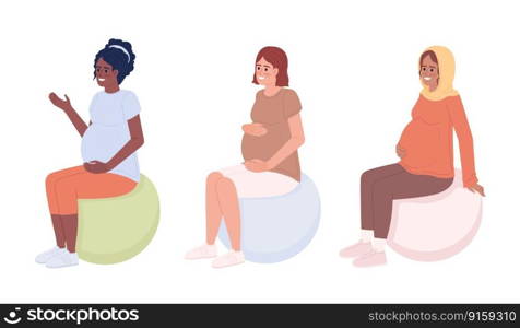 Pregnant women using birth balls semi flat color vector characters pack. Editable figures. Full body people on white. Simple cartoon style spot illustration set for web graphic design and animation. Pregnant women using birth balls semi flat color vector characters pack