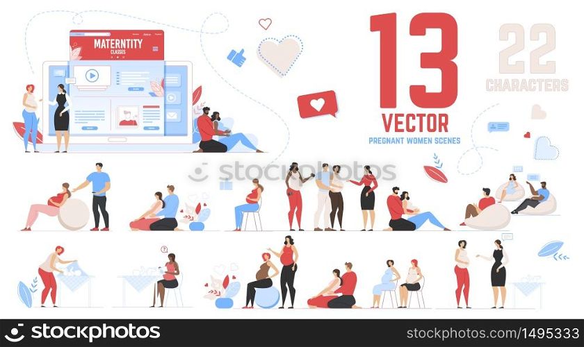 Pregnant Women Vector Set Scenes on Maternity Classes. Bundle of Ladies Waiting for Childbirth. Girls Visiting Physician, Fitness Courses, Preparing for Parenting during Pregnancy. Flat Illustration. Pregnant Women Scenes on Maternity Classes Set