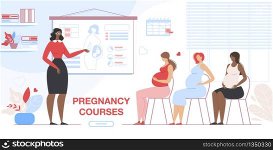Pregnant Women Visiting Pregnancy Courses. Group of Girls Waiting Baby Birth Sitting in Classroom with Couch Speaking about Childbirth and Maternity Cartoon Flat Vector Illustration, Horizontal Banner. Pregnant Women Visiting Pregnancy Courses Banner