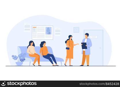 Pregnant women waiting at doctor office in clinic, sitting on couch or consulting specialist. Vector illustration for motherhood, pregnancy maintenance, prenatal care concept