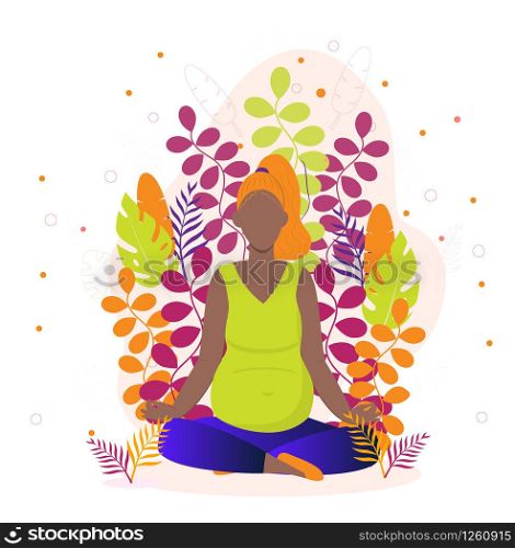Pregnant yoga concept vector for landing page.Black woman is sitting in a lotus position. Zen relax pose, meditation, self-improvement, controlling mind and emotions, concentration at yoga practice.. Pregnant yoga concept vector for landing page.Black woman is sitting in a lotus position. Zen relax pose, meditation, self-improvement, controlling mind and emotions, concentration
