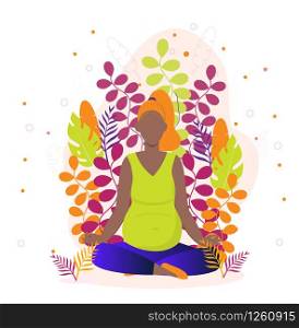 Pregnant yoga concept vector for landing page.Black woman is sitting in a lotus position. Zen relax pose, meditation, self-improvement, controlling mind and emotions, concentration at yoga practice.. Pregnant yoga concept vector for landing page.Black woman is sitting in a lotus position. Zen relax pose, meditation, self-improvement, controlling mind and emotions, concentration