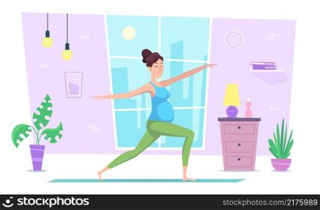 Pregnant yoga. Home recreation health activities woman making yoga exercises in modern interior exact vector flat illustration background. Pregnancy exercise sport, maternity prenatal lifestyle. Pregnant yoga. Home recreation health activities woman making yoga exercises in modern interior exact vector flat illustration background