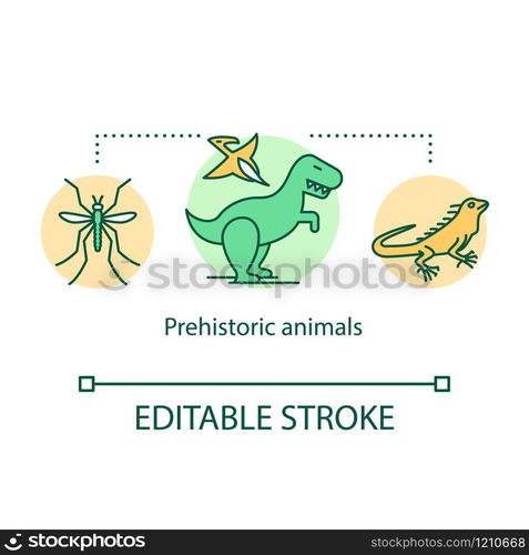 Prehistoric animals concept icon. Ancient reptiles and insects. Extinct representatives of fauna. Evolution theory idea thin line illustration. Vector isolated outline drawing. Editable stroke