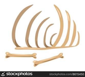 Prehistoric extinct animals and creatures fossils and bone skeleton structure. Archaeology museum exhibition, dinosaur or mammoth remnants. Ancient mammals and carnivores. Vector in flat style. Bones skeleton left by extinct animal in past