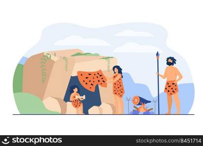 Prehistoric family couple and kid wearing leopard hides, cooking food at cave entrance. Vector illustration for ancient people stone age, caveman dinner concept