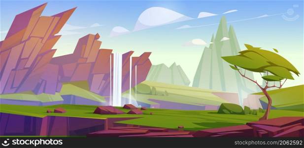 Prehistoric landscape, cartoon scenery background with green tree, waterfall, rocks and grass at mountain cliff under blue sky with fluffy clouds. Jurassic era of Earth evolution, Vector illustration. Prehistoric landscape, cartoon scenery background