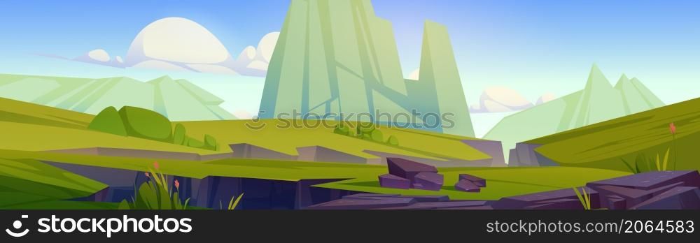 Prehistoric landscape with mountains, green grass and cracks in ground after earthquake. Summer scene with rocks and plants in jurassic or cretaceous time, vector cartoon illustration. Prehistoric landscape with mountains and cracks