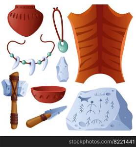 Prehistoric objects set animal skin, clay pot and bowl, amulets with teeth, weapon ax or knife and rock with petroglyphs. Stone ages tools isolated on white background, Cartoon vector icons set. Prehistoric objects set animal skin and clay pot