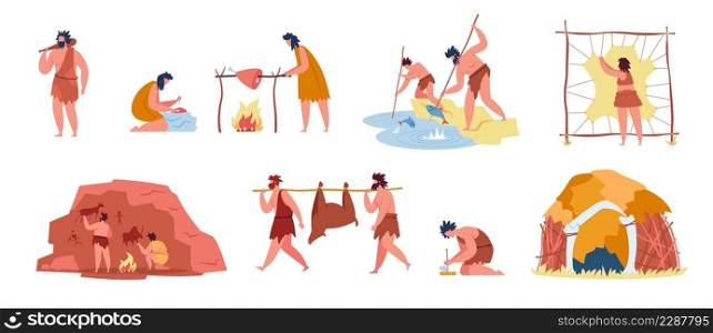 Prehistoric people with stone age tools, Cavemen hunt mammoth. Primitive characters hunting, cooking food, making fire, caveman hut vector set. Illustration of people primitive hunting. Prehistoric people with stone age tools, Cavemen hunt mammoth. Primitive characters hunting, cooking food, making fire, caveman hut vector set
