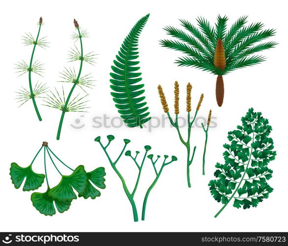 Prehistoric plants set with isolated images of wild herbs of the prehistoric times on blank background vector illustration